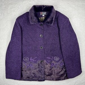 Purple Floral Faux Fur Coat Womens Medium Embroidered Button Jacket Warm Lined
